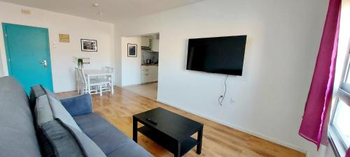 a living room with a couch and a tv on a wall at Eilat Octopus Apartment - אילת אוקטופוס -שני חדרים וסלון, בריכה בקיץ in Eilat