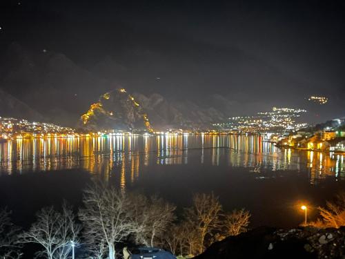 a view of the water at night at Hotel Galia in Kotor