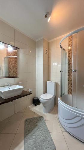 a bathroom with a toilet and a tub and a sink at Ap DoDe Predeal in Predeal