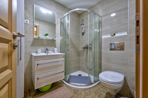 een badkamer met een douche, een toilet en een wastafel bij Apartman Montis Zlatibor in Zlatibor