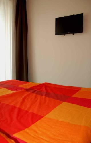 シャールヴァールにあるÁdám Apartmanのベッド(カラフルな毛布、壁掛けテレビ付)