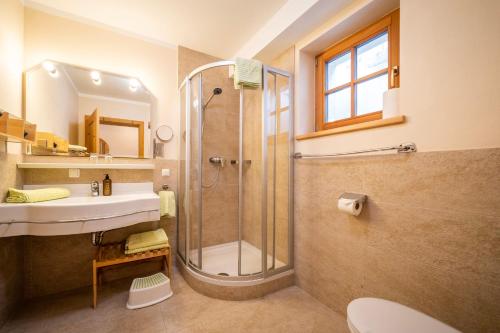 a bathroom with a shower and a sink at Ferienwohnung im Almhaus Seeblick am Falkert in Mayerling