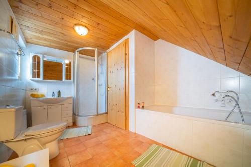 a bathroom with a toilet and a tub and a sink at Zirbenhütte am Falkert auf der Heidi-Alm in Koflach