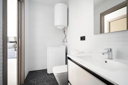 ein Badezimmer mit einem Waschbecken, einem WC und einem Spiegel in der Unterkunft Alojamiento Barco de Valdeorras in Vegamolinos