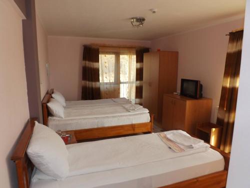 a hotel room with two beds and a television at Pensiunea Oșencuța in Talmesch