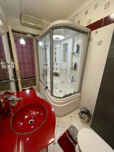 ein Bad mit einem roten Waschbecken und einer Dusche in der Unterkunft Way to kamet in Alexandria