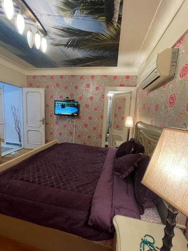 ein Schlafzimmer mit einem lila Bett in einem Zimmer in der Unterkunft Way to kamet in Alexandria