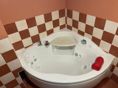 a bath tub with a red seat in a room at APARTAMENTOS RioMonte 5 - DeLuxe con Jacuzzi in Boltaña