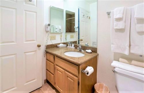 a bathroom with a sink and a mirror and a toilet at Lagonita Lodge in Big Bear Lake