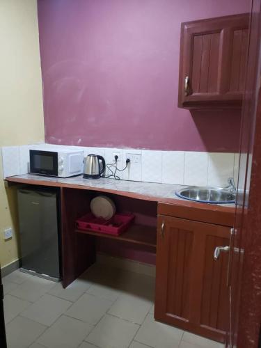 a kitchen with a counter with a sink and a microwave at Appart'hotel britannia in Yaoundé