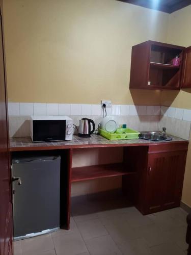 a kitchen with a counter with a microwave and a sink at Appart'hotel britannia in Yaoundé