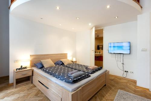 a bedroom with a large bed and a tv at Cedar Inn Budapest - Palace District in Budapest