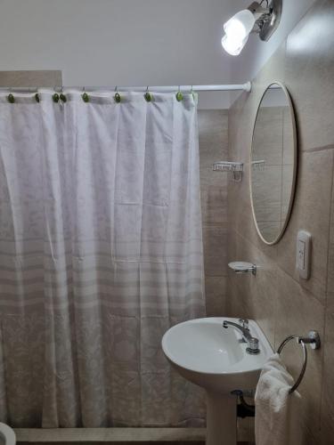 een badkamer met een wastafel en een douchegordijn bij Departamentos A544 in Santa Rosa