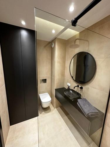 bagno con servizi igienici, lavandino e specchio di Osiedle Legionów Apartament a Kielce