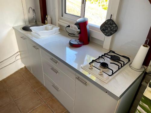 a kitchen counter with a stove and a sink at LES GITES DE LA RESERVE in Bouillante