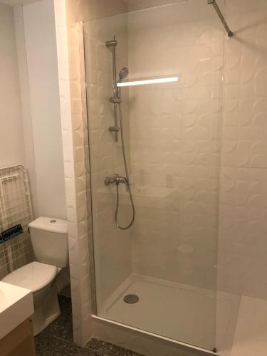 La salle de bains est pourvue d'une douche avec une porte en verre. dans l'établissement Appartement - cœur de Ramonville, à Ramonville-Saint-Agne