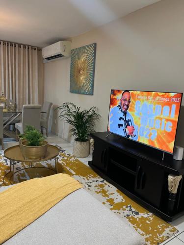 a living room with a flat screen tv on a stand at Isibani luxury apartment in Richards Bay