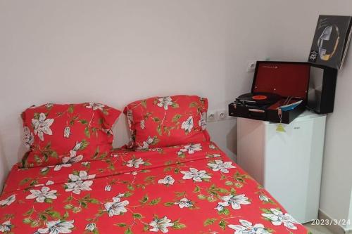 a bed with a red bedspread with flowers on it at Superbe et vaste Logement(F) avec WIFI Gratuit in Drancy