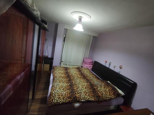 um quarto com uma cama com estampa de leopardo num quarto em İstanbul Üsküdar oda em Istambul