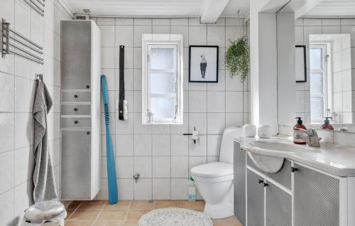 uma casa de banho com um WC, um lavatório e um chuveiro em Heidis Residence-Sandkaas, Bornholm em Allinge