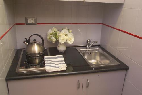 a kitchen counter with a sink and a pot on a stove at Stazione di Posta San Gemini in San Gemini