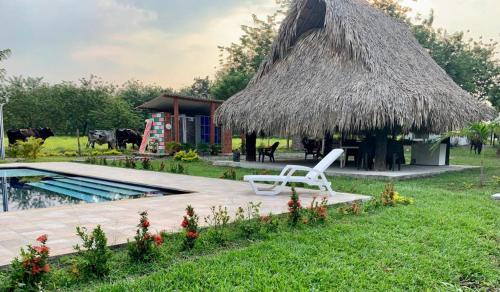 een resort met een zwembad en een strohut bij Los Potrillos in Mariquita