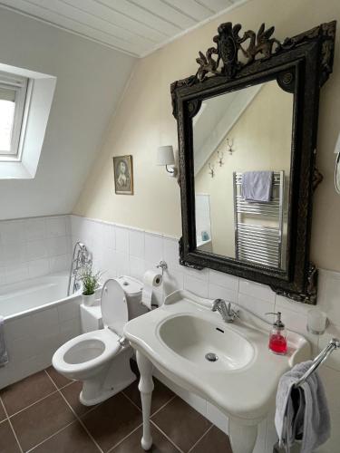 une salle de bain avec un lavabo, des toilettes et un miroir dans l'établissement La Maison Verte a Etables sur Mer, à Étables