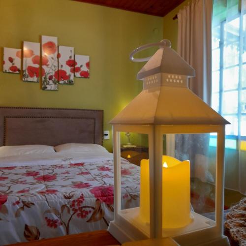 a bedroom with a bed with a lantern in front of it at La Cipriana in Concepción del Uruguay