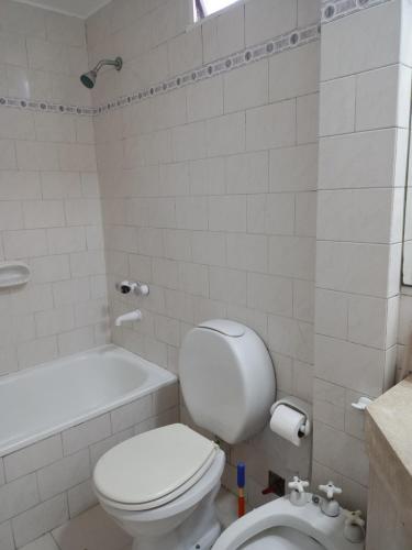 a bathroom with a white toilet and a bath tub at Rincón Verde in San Miguel de Tucumán