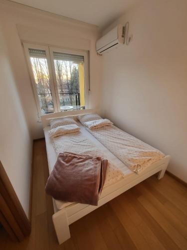 1 dormitorio con 2 camas y ventana en Zemunske kapije, en Novi Grad
