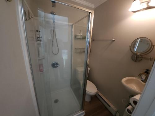 ein Bad mit einer Dusche, einem WC und einem Waschbecken in der Unterkunft Steps To The Ocean! 152 in North Topsail Beach