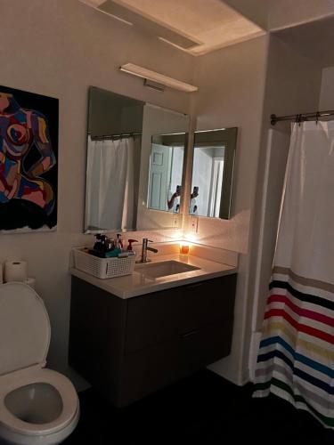ロサンゼルスにあるWanda’s padのバスルーム(洗面台、トイレ、鏡付)