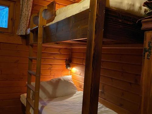 a bunk bed in a room with a wooden wall at Cozy holiday home on a horse farm in the Lüneburg Heath in Eschede