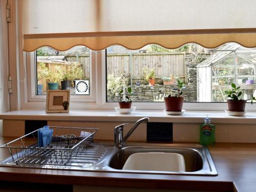 a kitchen with a sink and a window with potted plants at Clarksville in Leyburn