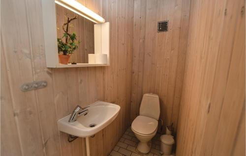 ein Badezimmer mit einem Waschbecken, einem WC und einem Spiegel in der Unterkunft Nice Home In Augustenborg With Kitchen in Asserballeskov