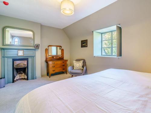 a bedroom with a bed and a fireplace and a mirror at East Lodge in Falkland