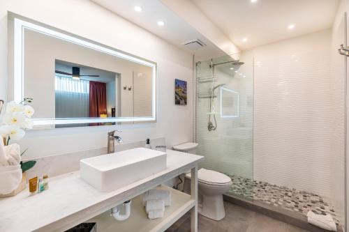 ein Bad mit einem Waschbecken, einem WC und einer Dusche in der Unterkunft RARE Upscale Oasis - 2 Bed,2 Bath - Kuau Plaza - Paia in Paia