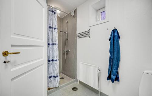 a bathroom with a blue towel hanging on a wall at Gorgeous Apartment In Randers C With Wifi in Randers