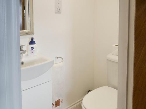 een witte badkamer met een toilet en een wastafel bij Rose Cottage - Beaufort Estate in Belladrum