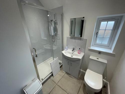 een badkamer met een douche, een toilet en een wastafel bij Talla Hope in Portree