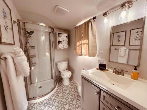 a bathroom with a shower and a sink and a toilet at 11th Street River House in Bandera