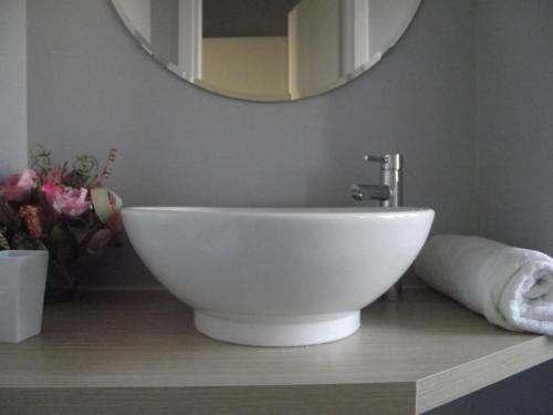 a white bowl sink in a bathroom with a mirror at Residence Campanelle 54 in Trieste