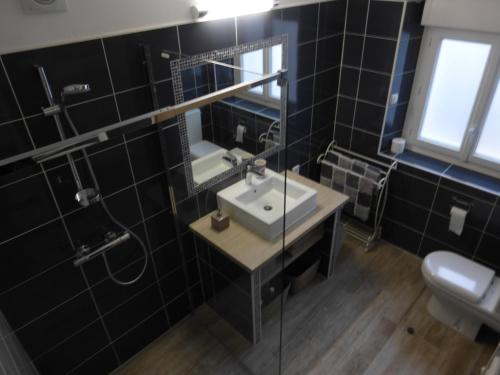 W łazience znajduje się umywalka, lustro i toaleta. w obiekcie Chambre d'Hôtes Le Tilleul de Canac w mieście Rodez