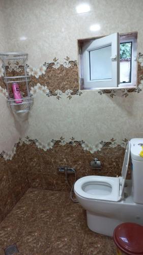 a bathroom with a toilet and a wall covered in damage at Sim Guesthouse in Sım