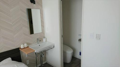 a bathroom with a sink and a toilet and a mirror at Sarabetsu-mura chiiki Kouryu Center - Vacation STAY 21964v in Naka-satsunai