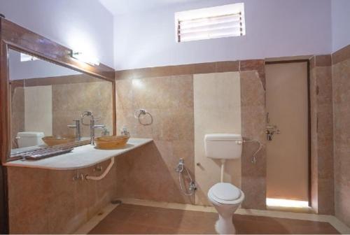 een badkamer met een toilet, een wastafel en een douche bij Maharaja Kothi Resort, Bandhavgarh in Tāla