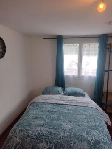 a bedroom with a bed with blue curtains and a window at Cocon 10 minutes à pied du Circuit 24 h / Musée 24h / Grand Prix / Moto / Centre des exposition / Antares / Boulerie Jump in Le Mans