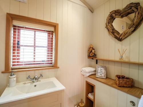 a bathroom with a sink and a mirror at Bonnie's Shepherds Hut in Nottingham