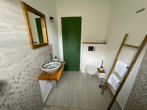 a bathroom with a green door and a toilet at Casa Catrinei 