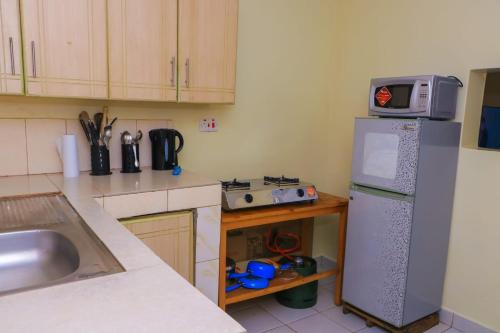 a kitchen with a microwave on top of a refrigerator at Cool & Calm Home in Homa Bay